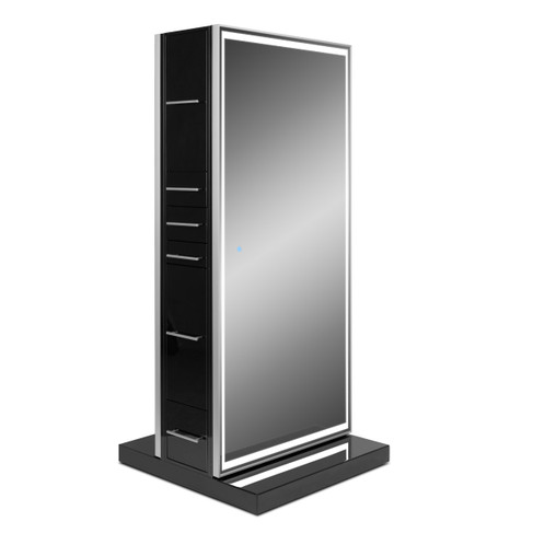 Genesis Double-Sided LED Styling Station in Piano Gloss Black with Full-Length Stainless Mirrors