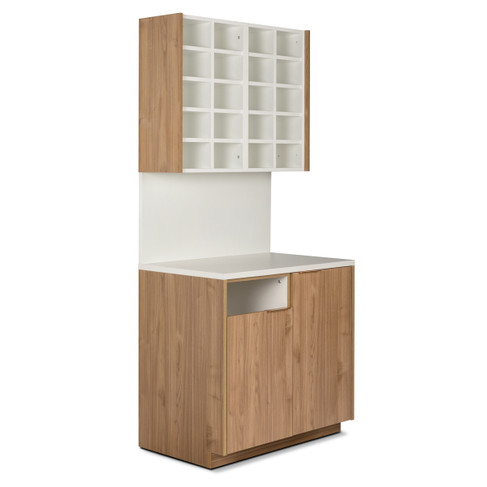 Modera Color Bar Cabinet Set with Color Storage Cubes & Bin Opening - 37.5" Wide Shown in Nogal Slow Atlas with White Counter & Backsplash and brushed gold Handles shown from three-quarter view to the right
